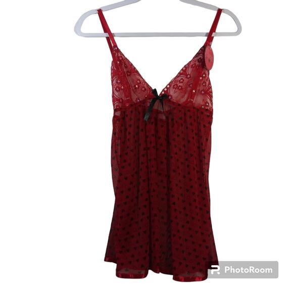 Spree Intimates Red Lace Heart Wireless Babydoll & Thong Set Size S - Picture 2 of 11